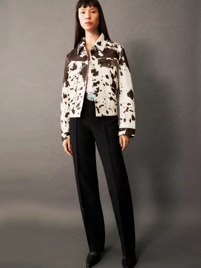 EMMA/ Cow Print Faux Fur Shirt Jacket